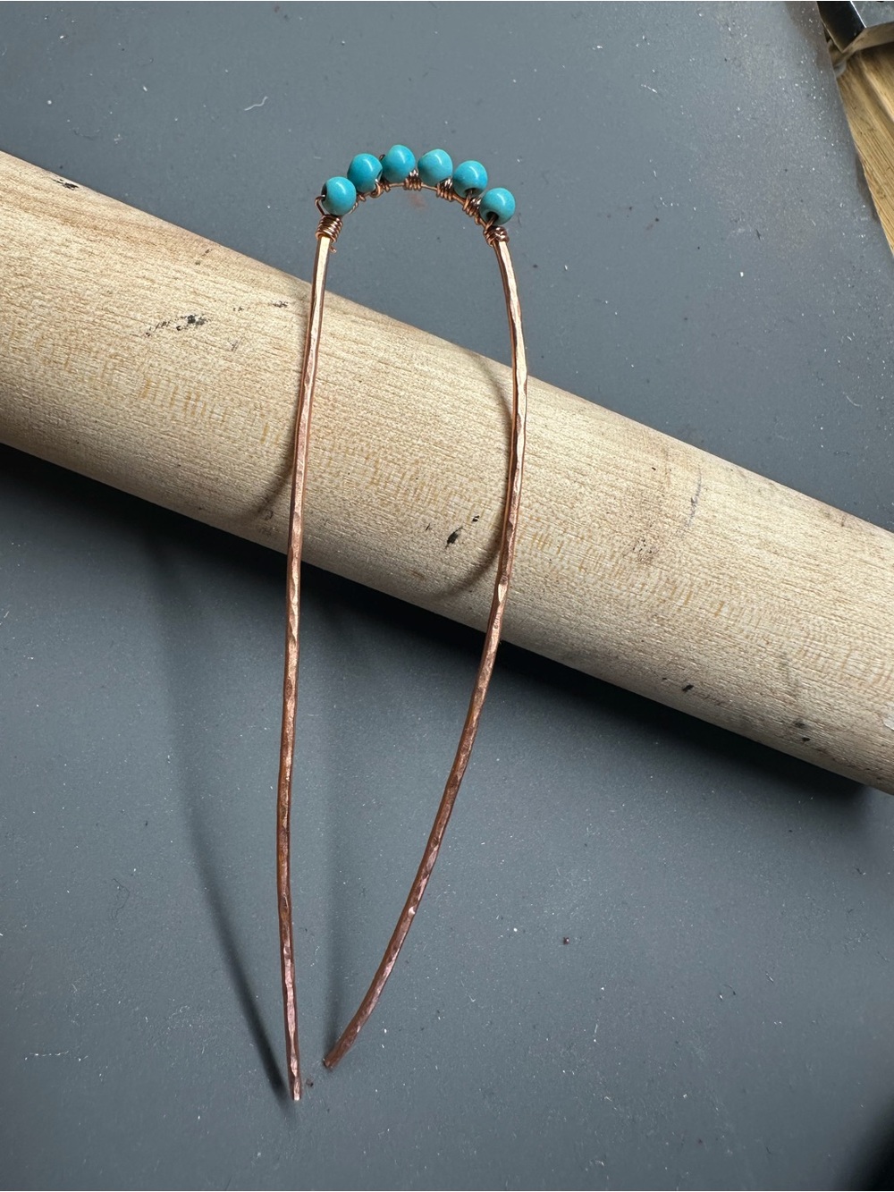 Handmade Copper Hair Fork with Turquoise Beads